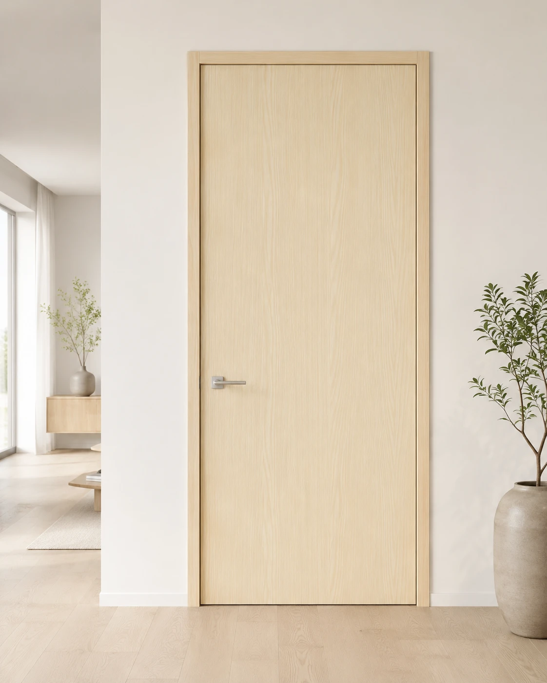 A laminated HDHMR door hung in an interior, of the kind stocked at Kripalu Plywood, Kanpur