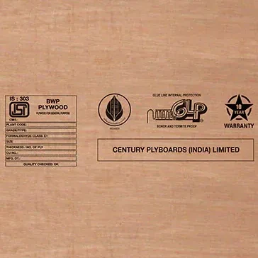 Close-up of the ISI mark box on a Century Sainik 710 sheet: IS 303, BWP plywood, the CM/L line, and Century Plyboards (India) Limited