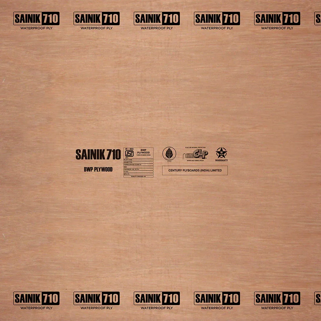 Sainik 710 face stamp showing the ISI mark, IS 303 BWP grade and CenturyPly warranty mark