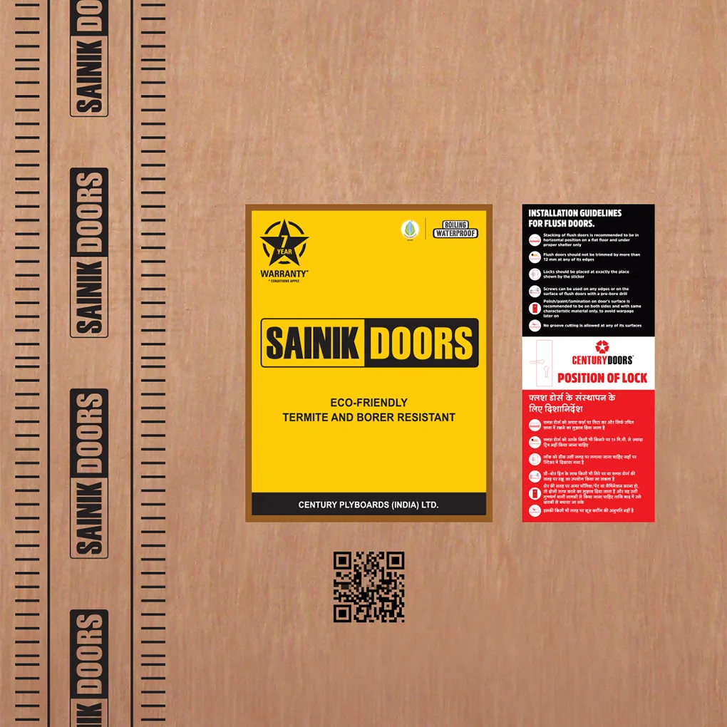 Sainik Doors face sticker showing the seven year warranty mark, the boiling waterproof badge and CenturyPly's installation guidelines for flush doors