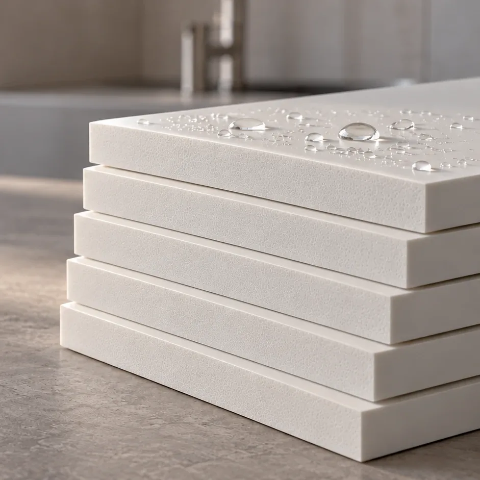 A stack of white WPC boards with water droplets on the top sheet