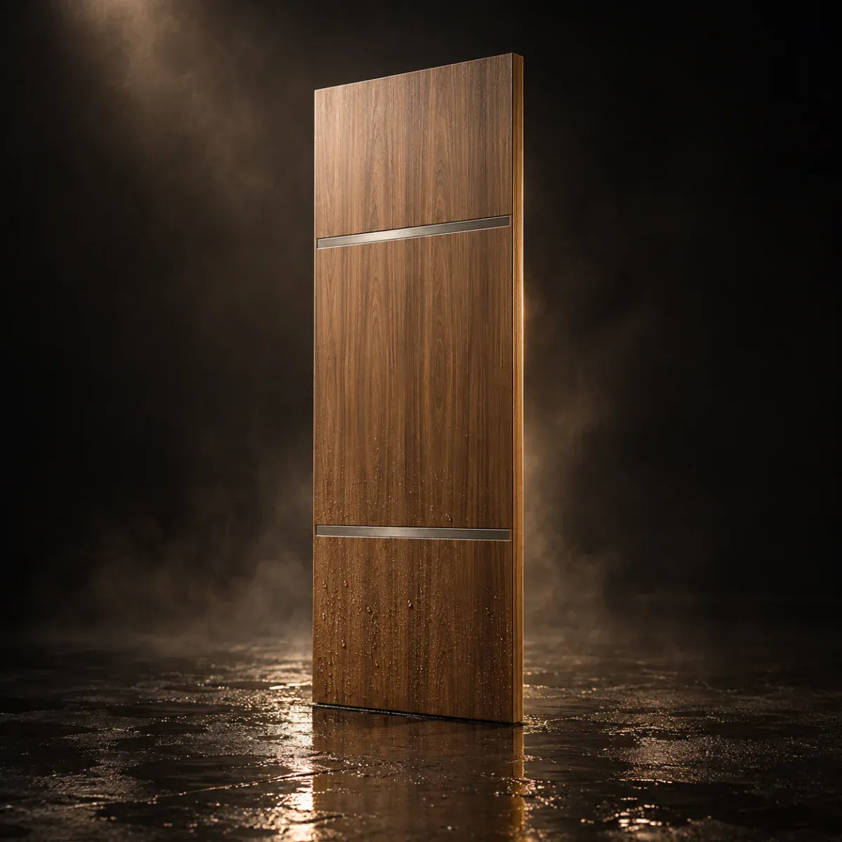 A Z-on PVC door standing on a wet floor, at Kripalu Plywood, Kanpur